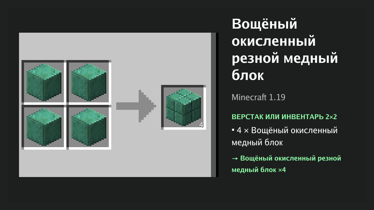 Рецепт: вощёный окисленный резной медный блок в Minecraft — 4 × вощёный окисленный медный блок (верстак или инвентарь 2×2)