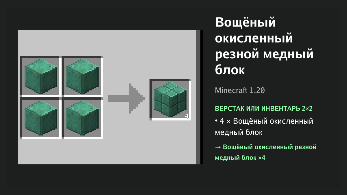 Рецепт: вощёный окисленный резной медный блок в Minecraft — 4 × вощёный окисленный медный блок (верстак или инвентарь 2×2)
