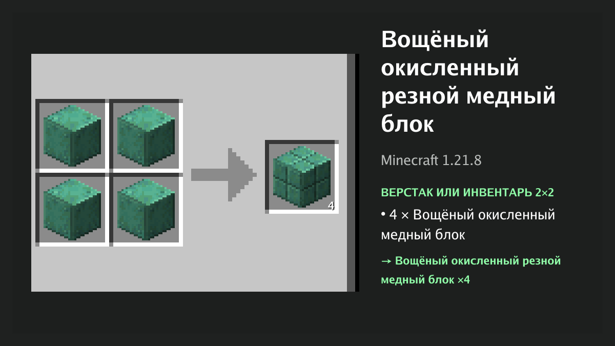 Рецепт: вощёный окисленный резной медный блок в Minecraft — 4 × вощёный окисленный медный блок (верстак или инвентарь 2×2)