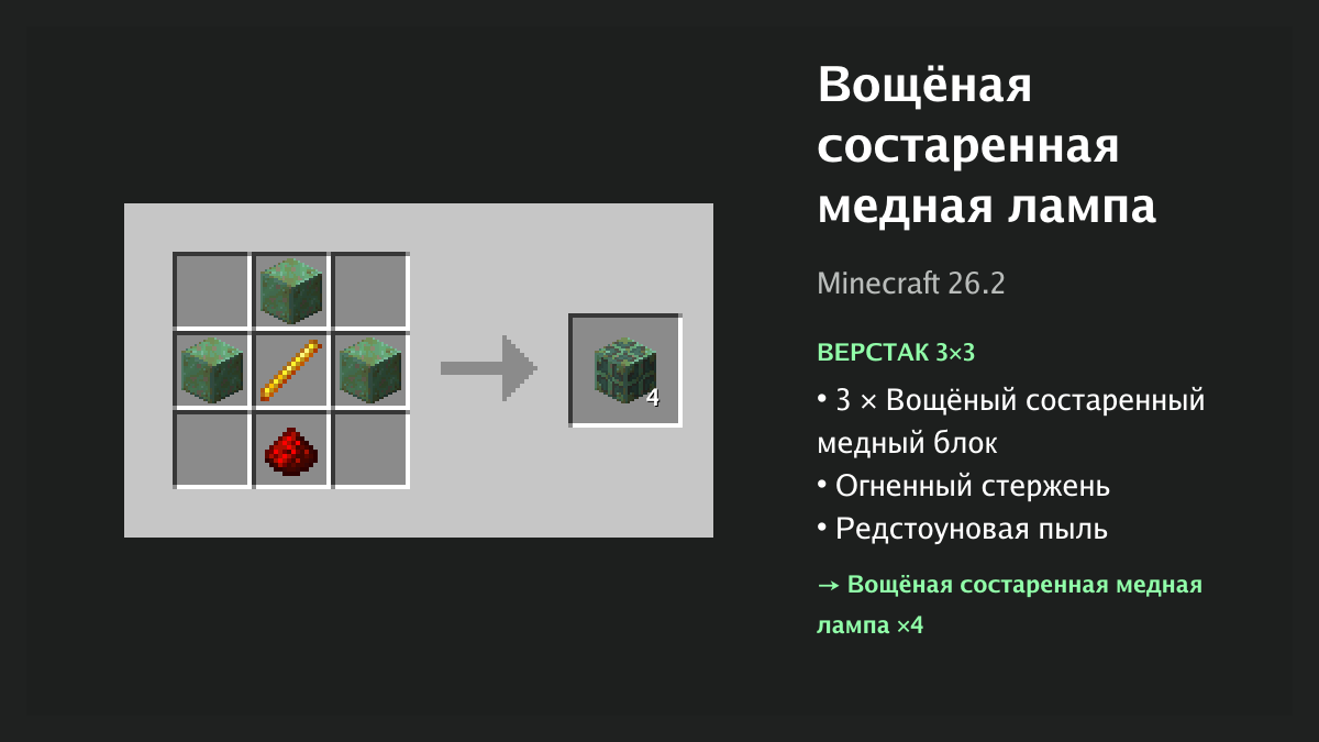 Рецепт: вощёная состаренная медная лампа в Minecraft — 3 × вощёный состаренный медный блок, огненный стержень, редстоуновая пыль (верстак 3×3)