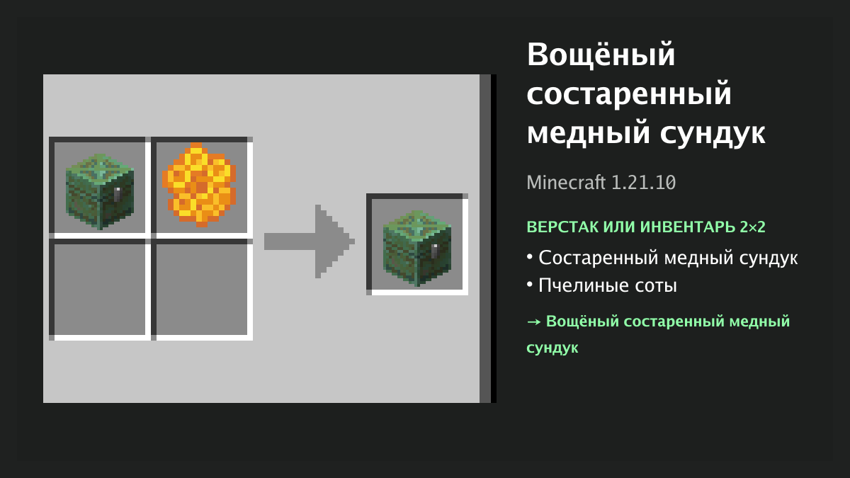 Рецепт: вощёный состаренный медный сундук в Minecraft — состаренный медный сундук, пчелиные соты (верстак или инвентарь 2×2)
