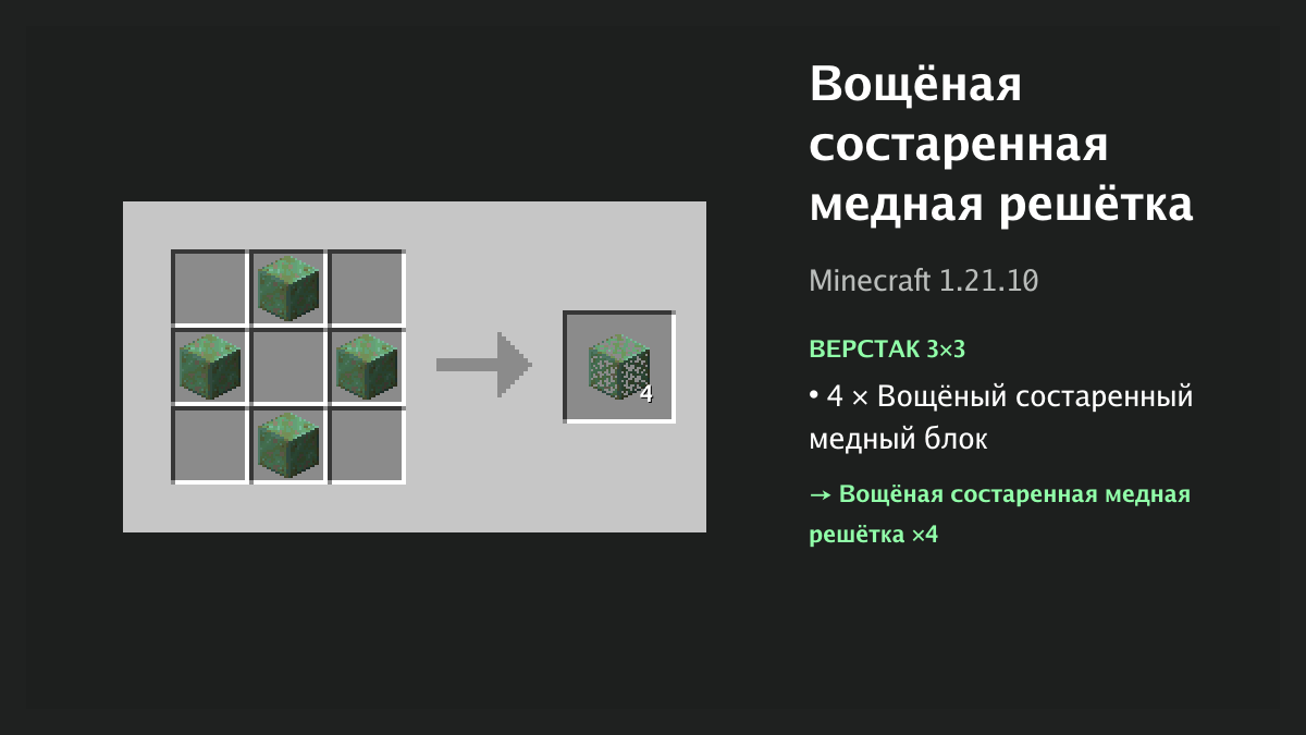 Рецепт: вощёная состаренная медная решётка в Minecraft — 4 × вощёный состаренный медный блок (верстак 3×3)