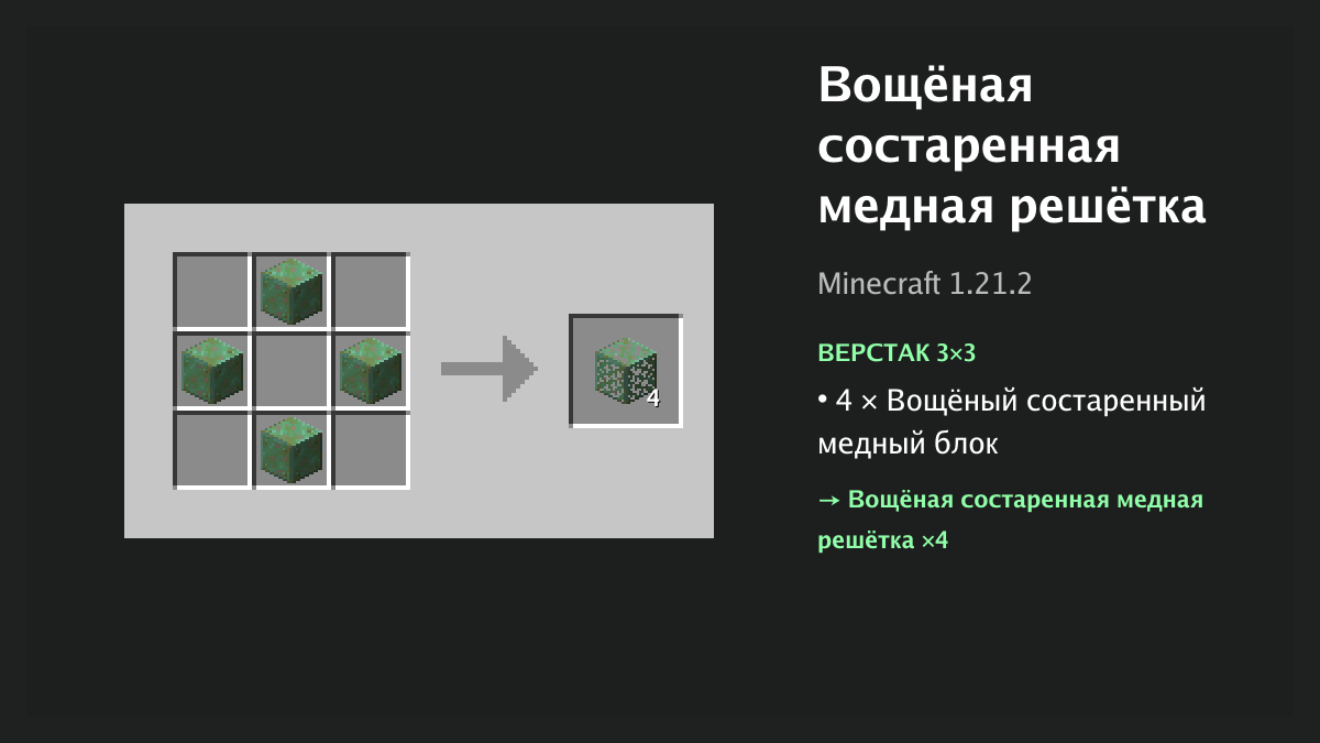 Рецепт: вощёная состаренная медная решётка в Minecraft — 4 × вощёный состаренный медный блок (верстак 3×3)
