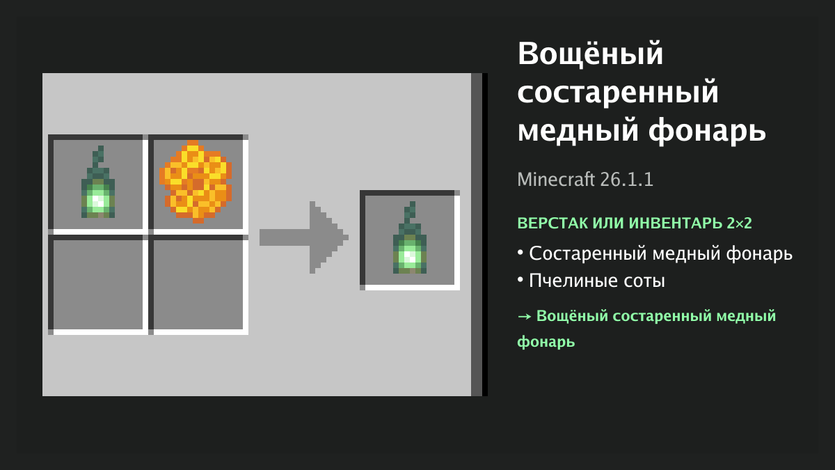 Рецепт: вощёный состаренный медный фонарь в Minecraft — состаренный медный фонарь, пчелиные соты (верстак или инвентарь 2×2)
