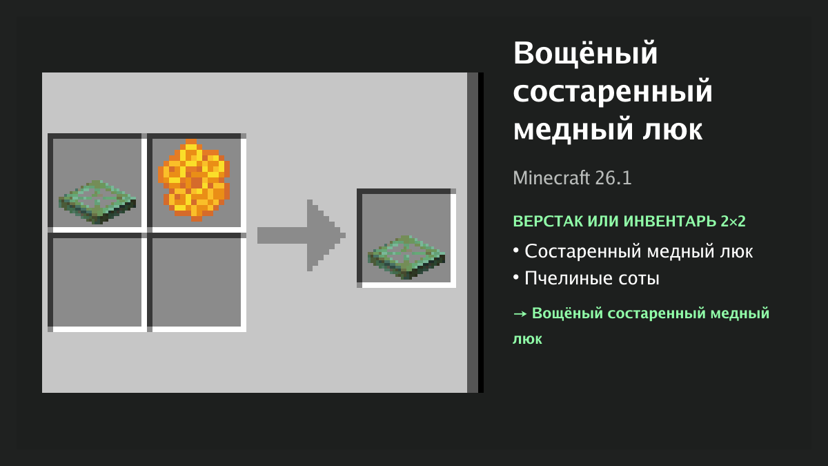 Рецепт: вощёный состаренный медный люк в Minecraft — состаренный медный люк, пчелиные соты (верстак или инвентарь 2×2)