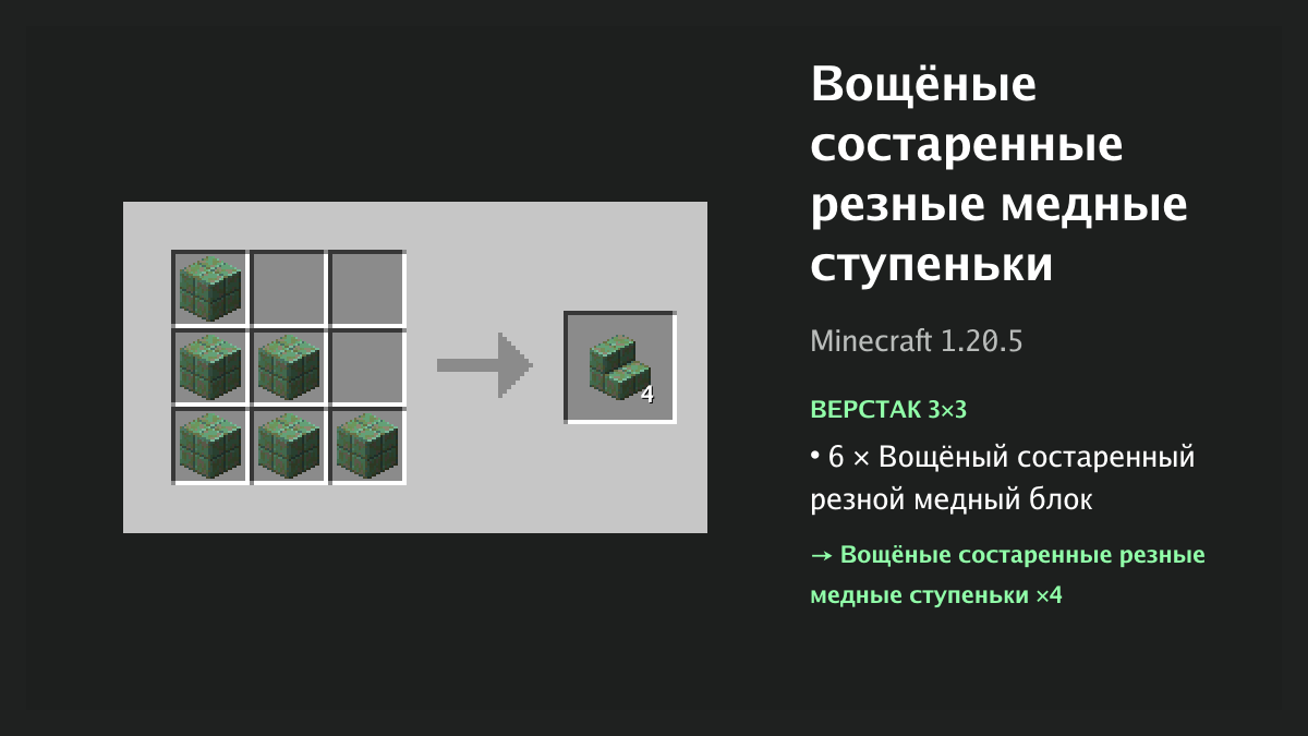 Рецепт: вощёные состаренные резные медные ступеньки в Minecraft — 6 × вощёный состаренный резной медный блок (верстак 3×3)