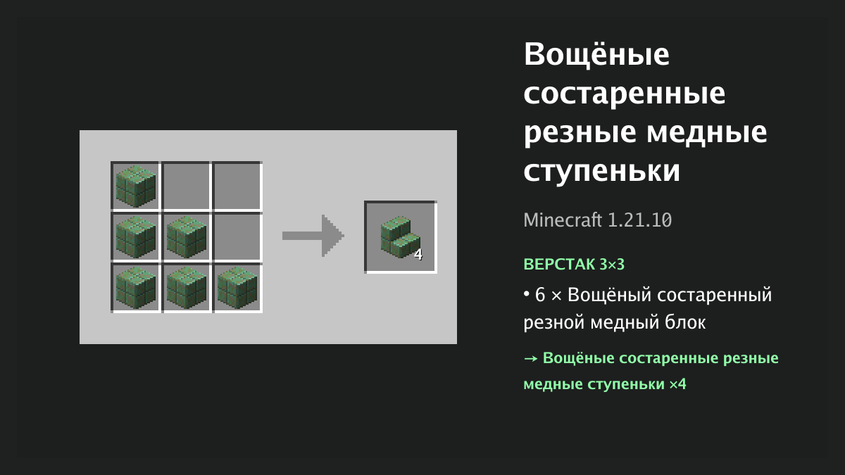 Рецепт: вощёные состаренные резные медные ступеньки в Minecraft — 6 × вощёный состаренный резной медный блок (верстак 3×3)