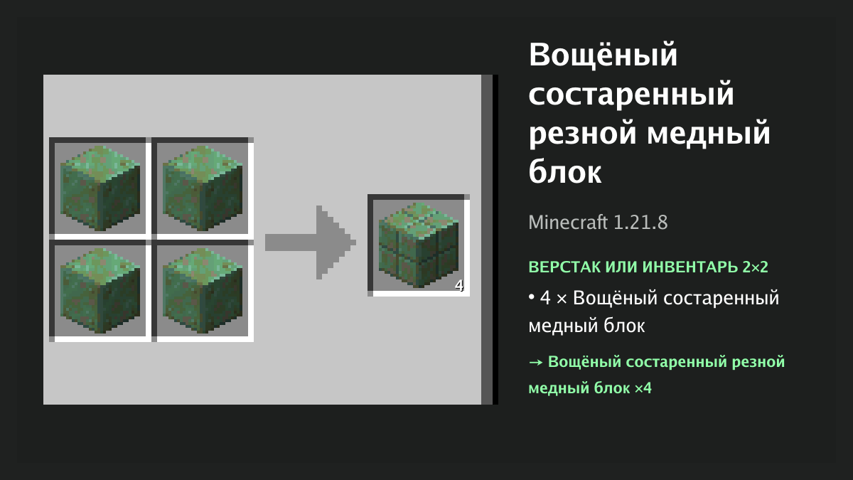 Рецепт: вощёный состаренный резной медный блок в Minecraft — 4 × вощёный состаренный медный блок (верстак или инвентарь 2×2)