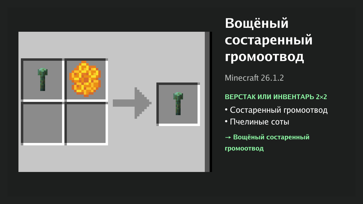Рецепт: вощёный состаренный громоотвод в Minecraft — состаренный громоотвод, пчелиные соты (верстак или инвентарь 2×2)