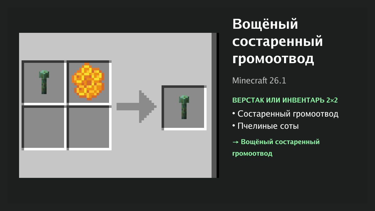 Рецепт: вощёный состаренный громоотвод в Minecraft — состаренный громоотвод, пчелиные соты (верстак или инвентарь 2×2)