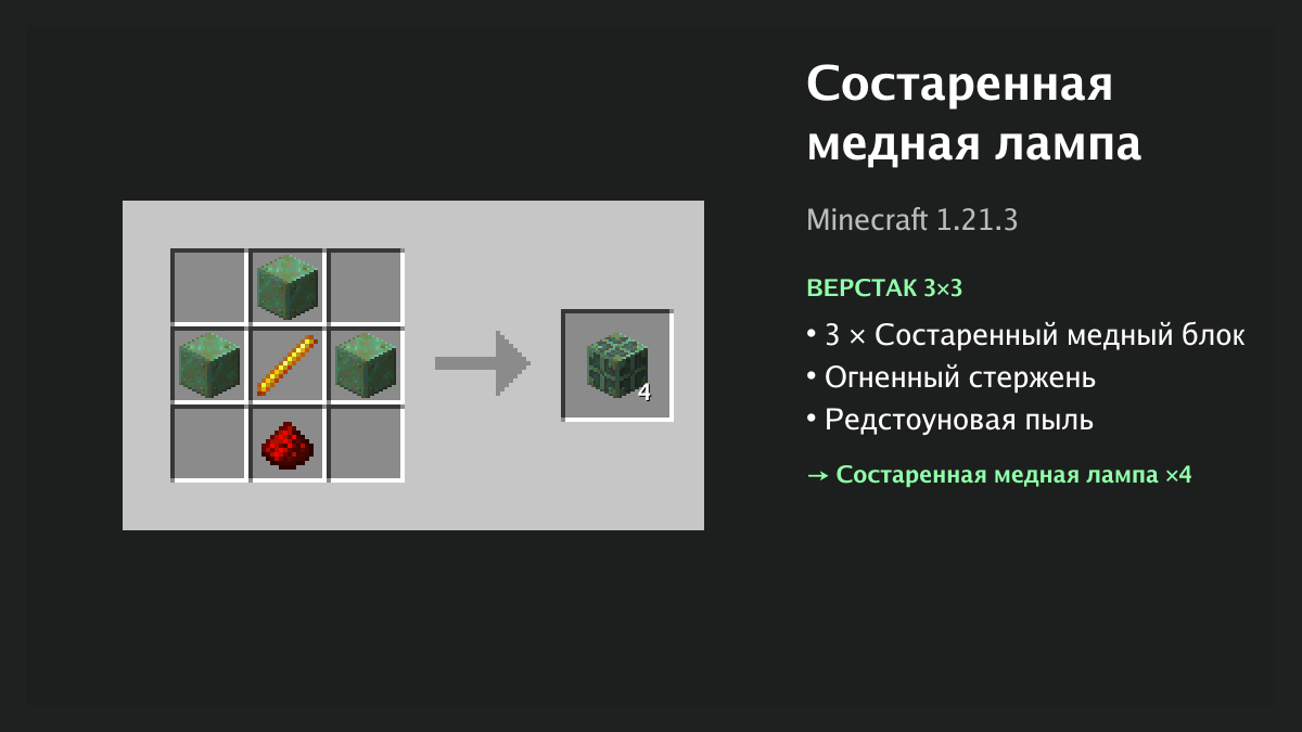 Рецепт: состаренная медная лампа в Minecraft — 3 × состаренный медный блок, огненный стержень, редстоуновая пыль (верстак 3×3)