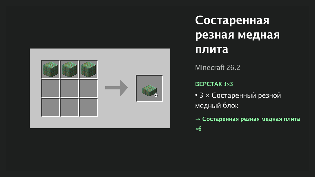 Рецепт: состаренная резная медная плита в Minecraft — 3 × состаренный резной медный блок (верстак 3×3)