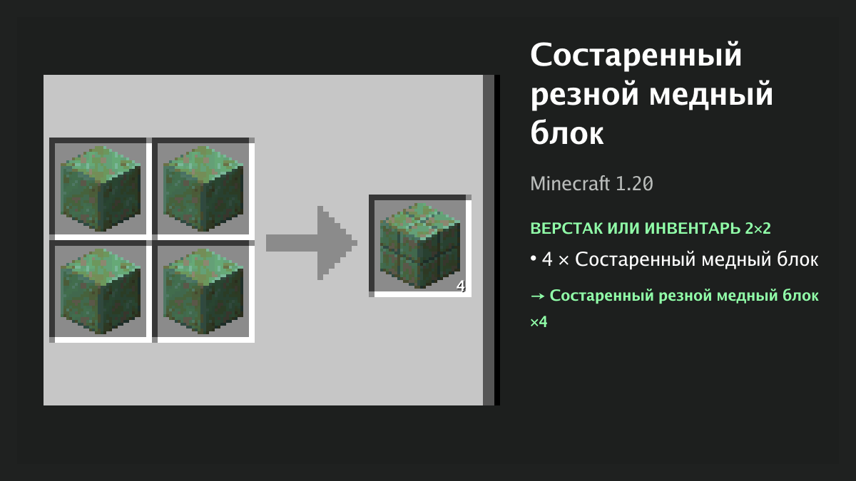 Рецепт: состаренный резной медный блок в Minecraft — 4 × состаренный медный блок (верстак или инвентарь 2×2)