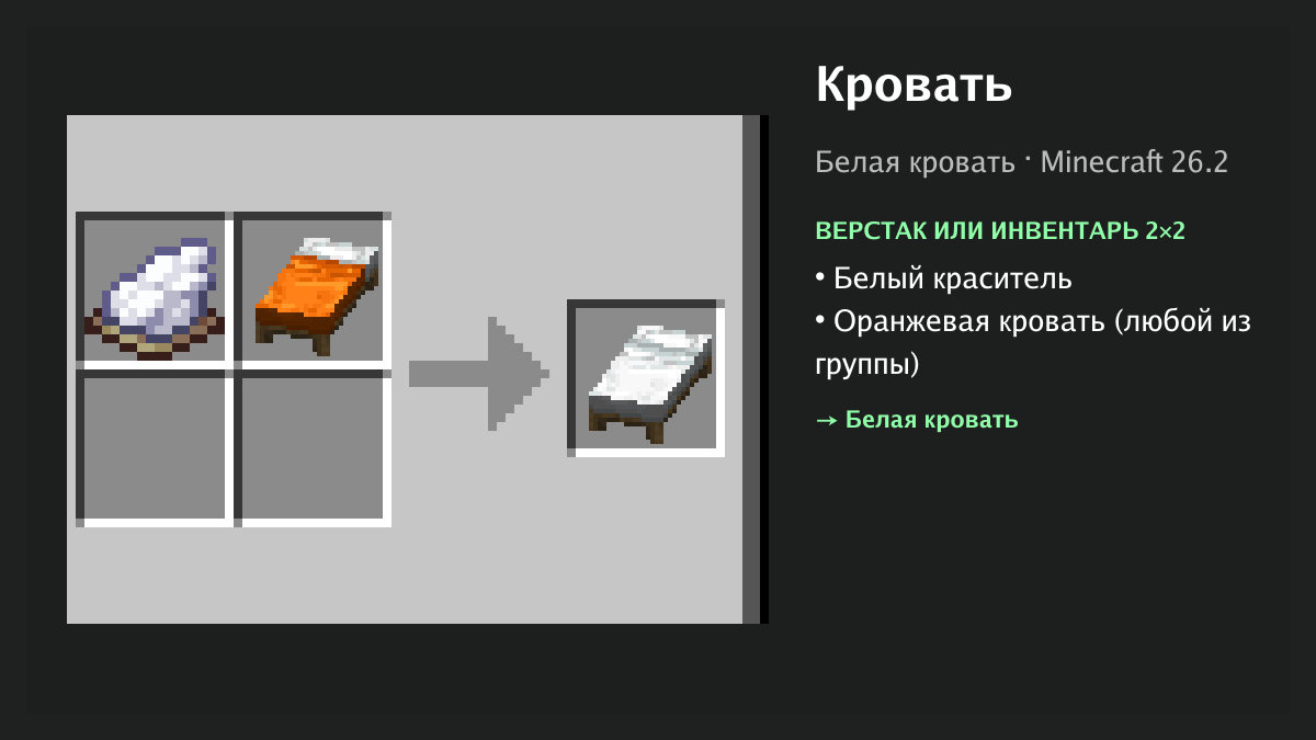 Рецепт: кровать в Minecraft — белый краситель, оранжевая кровать (верстак или инвентарь 2×2)