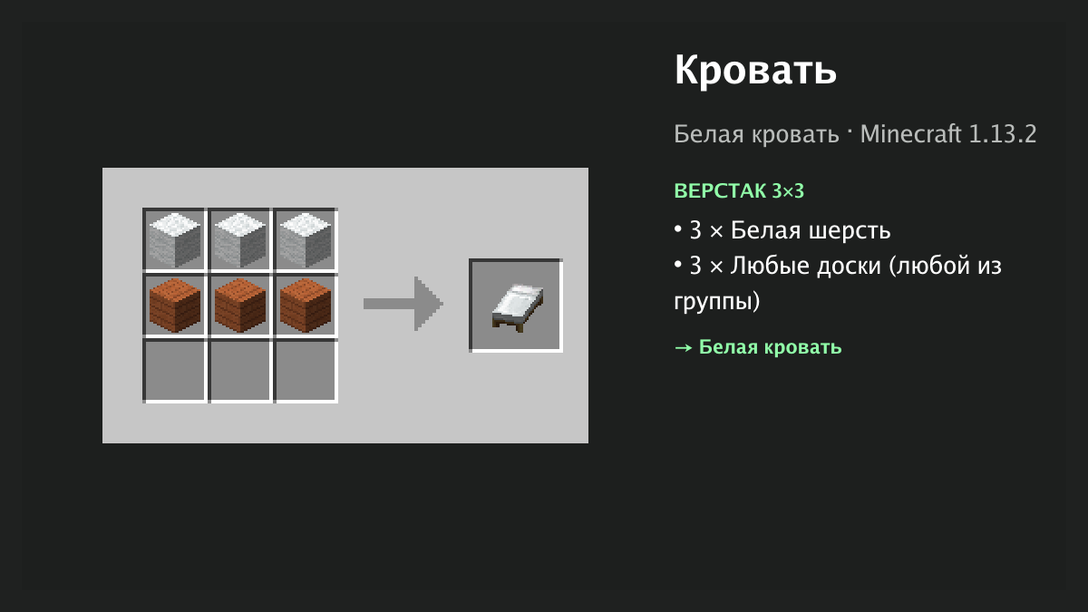 Рецепт: кровать в Minecraft — 3 × белая шерсть, 3 × любые доски (верстак 3×3)