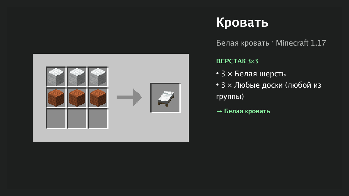 Рецепт: кровать в Minecraft — 3 × белая шерсть, 3 × любые доски (верстак 3×3)