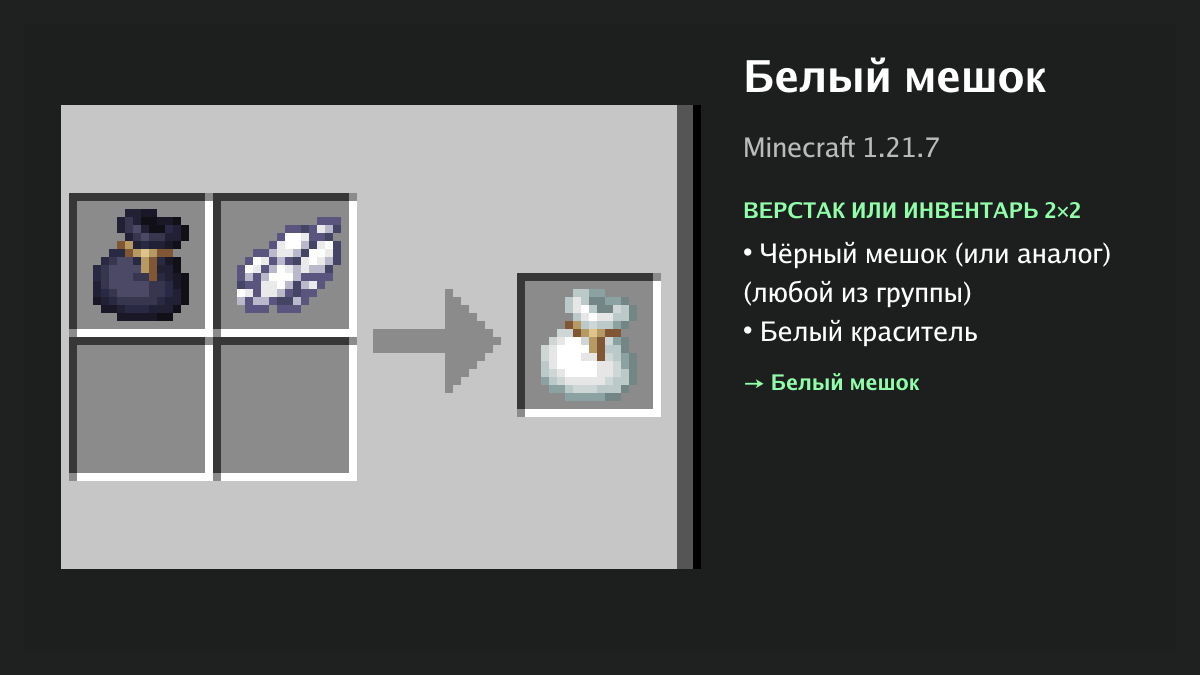 Рецепт: белый мешок в Minecraft — чёрный мешок (или аналог), белый краситель (верстак или инвентарь 2×2)