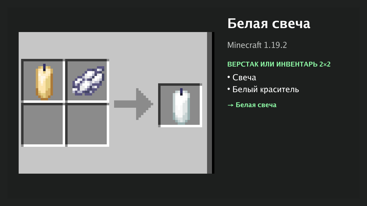 Рецепт: белая свеча в Minecraft — свеча, белый краситель (верстак или инвентарь 2×2)