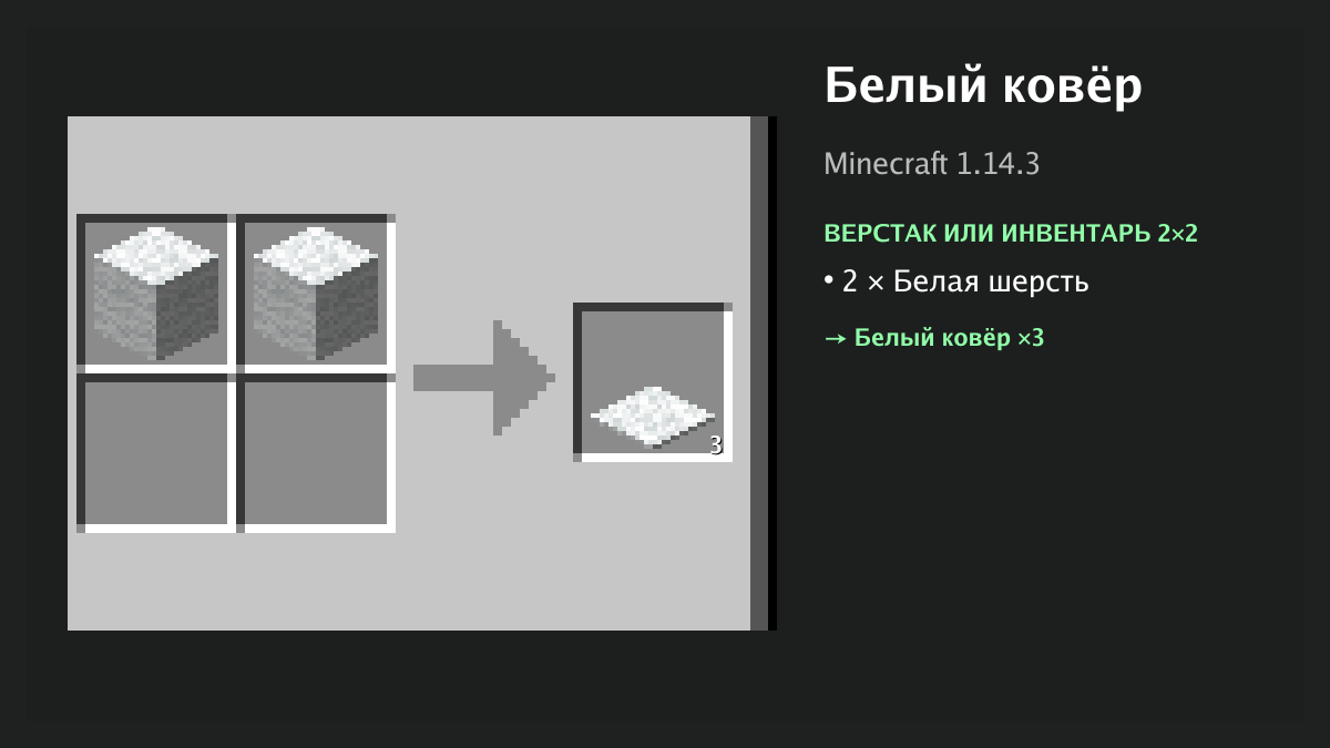 Рецепт: белый ковёр в Minecraft — 2 × белая шерсть (верстак или инвентарь 2×2)
