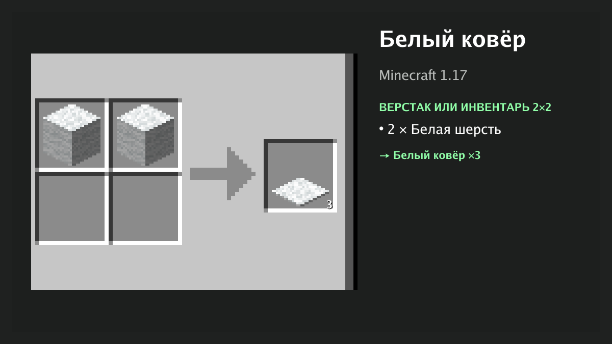 Рецепт: белый ковёр в Minecraft — 2 × белая шерсть (верстак или инвентарь 2×2)