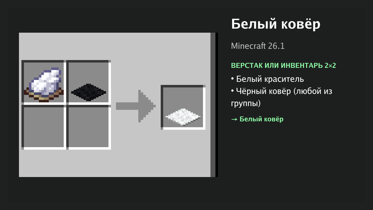 Рецепт: белый ковёр в Minecraft — белый краситель, чёрный ковёр (верстак или инвентарь 2×2)