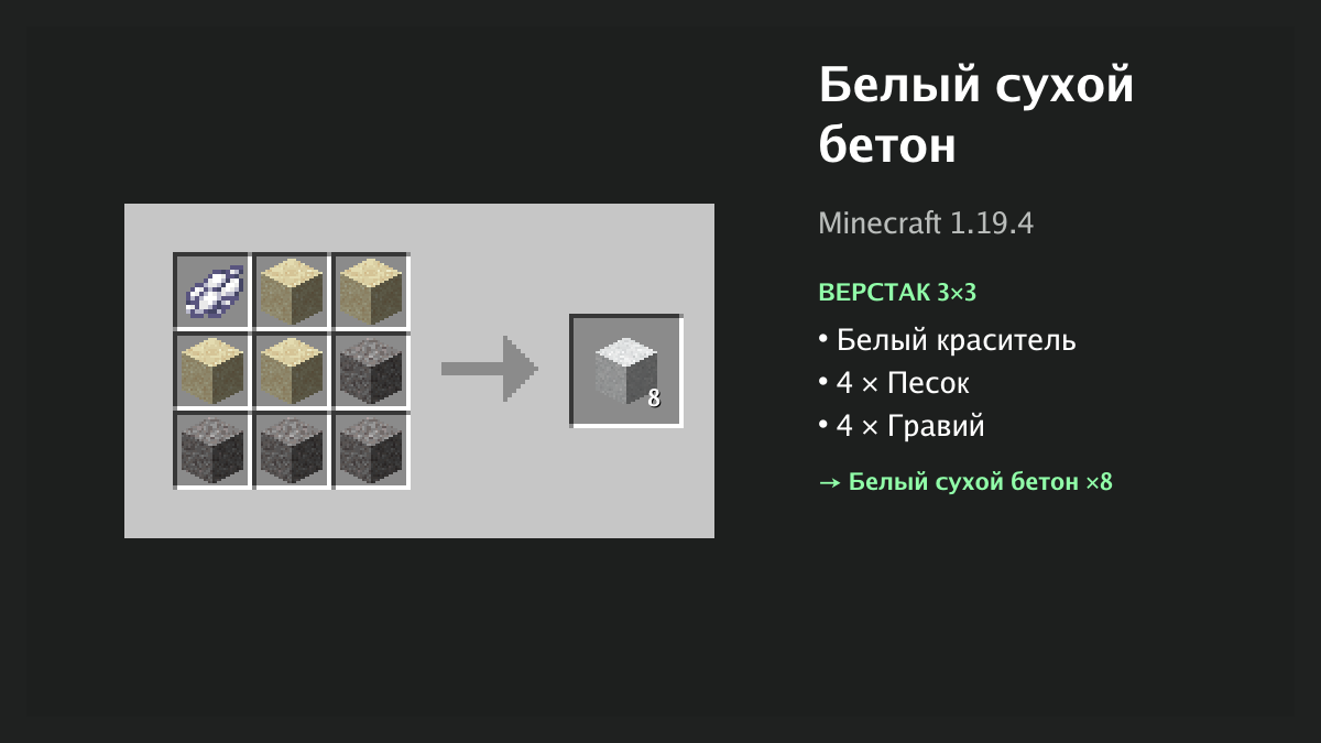 Рецепт: белый сухой бетон в Minecraft — белый краситель, 4 × песок, 4 × гравий (верстак 3×3)