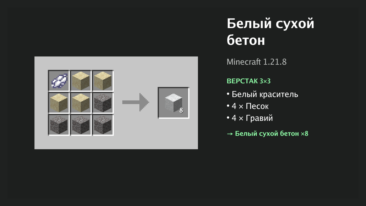 Рецепт: белый сухой бетон в Minecraft — белый краситель, 4 × песок, 4 × гравий (верстак 3×3)