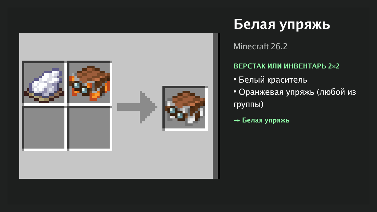 Рецепт: белая упряжь в Minecraft — белый краситель, оранжевая упряжь (верстак или инвентарь 2×2)