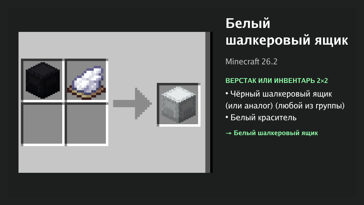 Рецепт: белый шалкеровый ящик в Minecraft — чёрный шалкеровый ящик (или аналог), белый краситель (верстак или инвентарь 2×2)