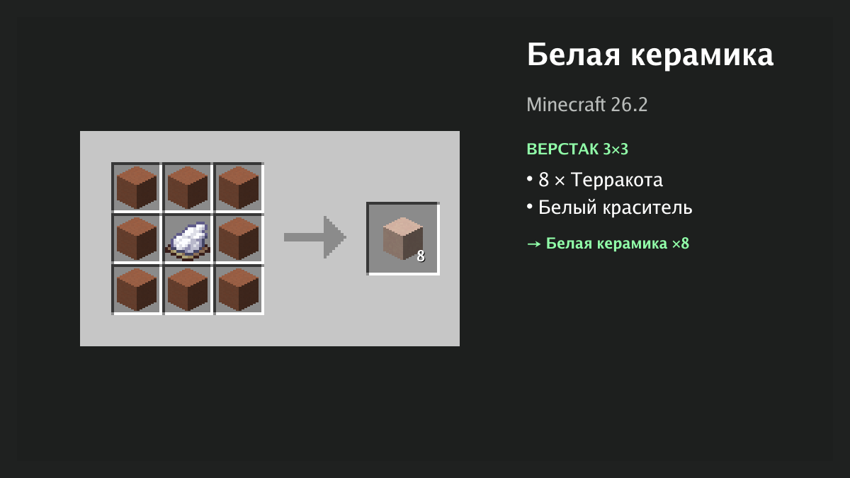 Рецепт: белая керамика в Minecraft — 8 × терракота, белый краситель (верстак 3×3)