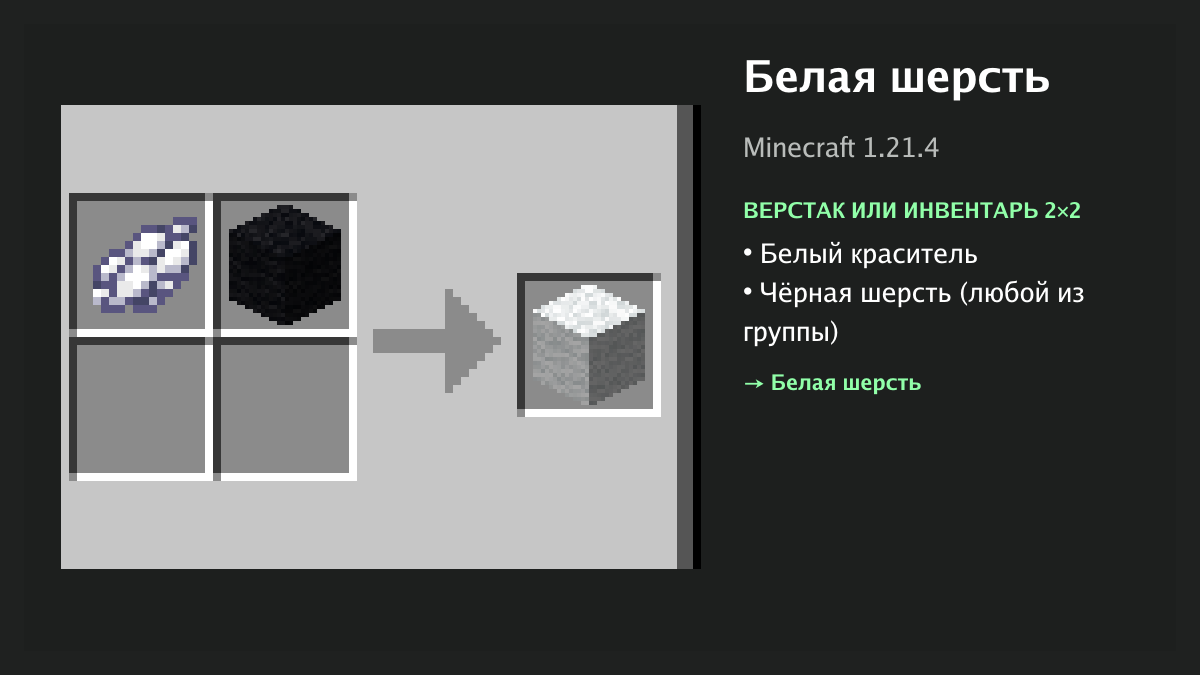 Рецепт: белая шерсть в Minecraft — белый краситель, чёрная шерсть (верстак или инвентарь 2×2)