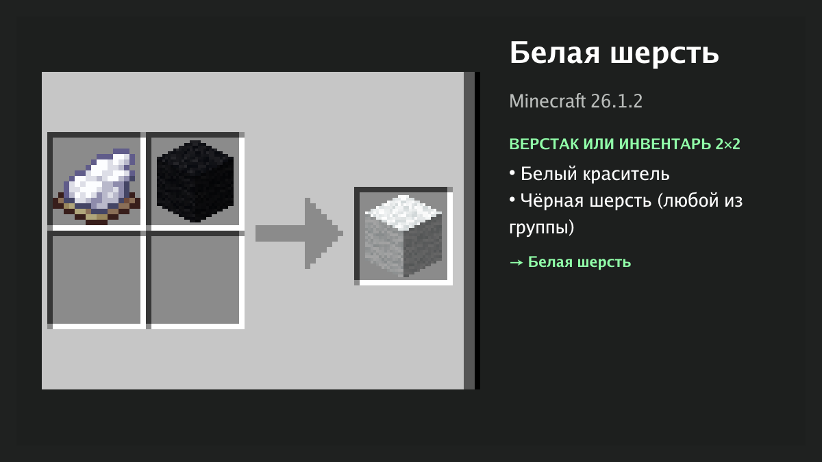 Рецепт: белая шерсть в Minecraft — белый краситель, чёрная шерсть (верстак или инвентарь 2×2)