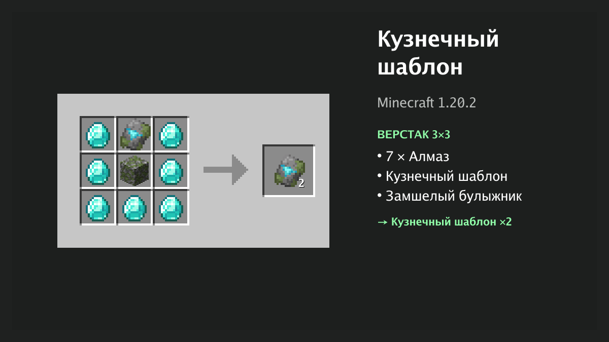 Рецепт: кузнечный шаблон в Minecraft — 7 × алмаз, кузнечный шаблон, замшелый булыжник (верстак 3×3)
