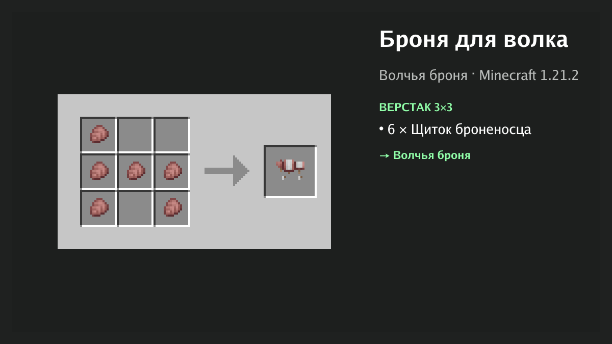 Рецепт: броня для волка в Minecraft — 6 × щиток броненосца (верстак 3×3)
