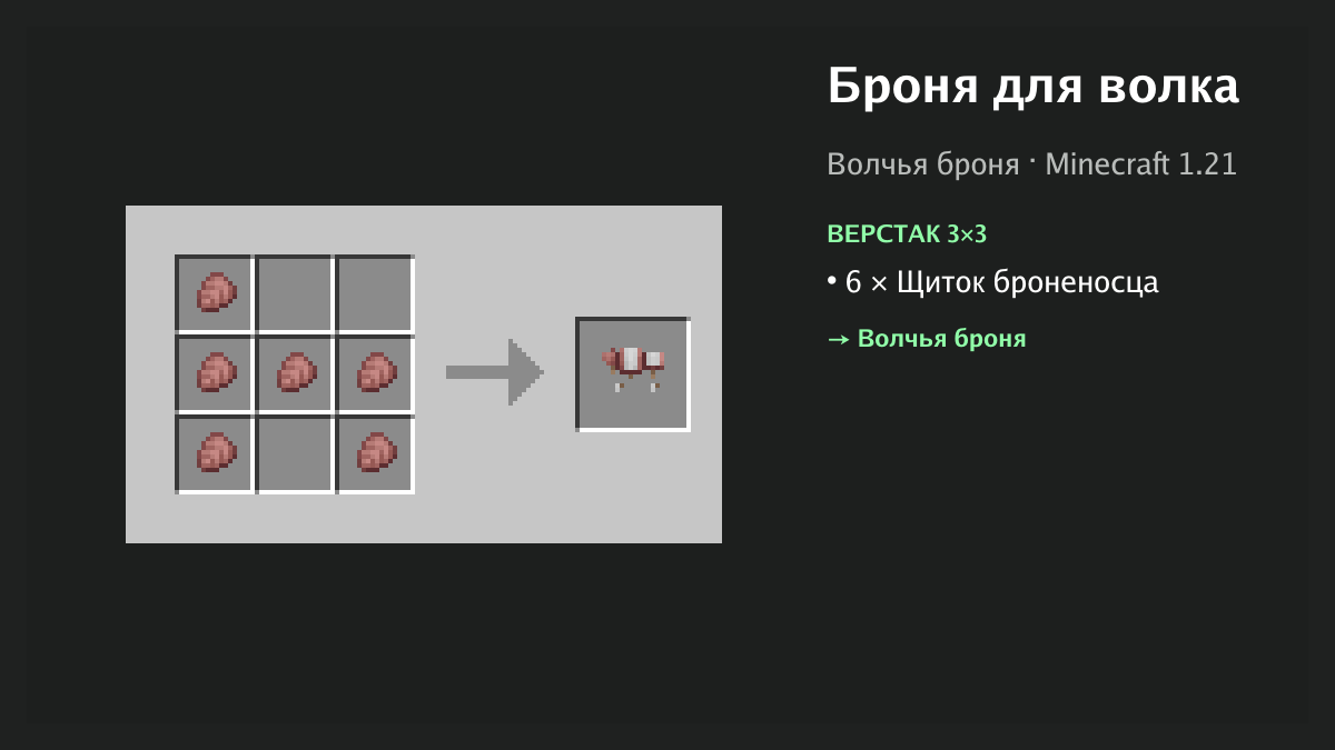 Рецепт: броня для волка в Minecraft — 6 × щиток броненосца (верстак 3×3)
