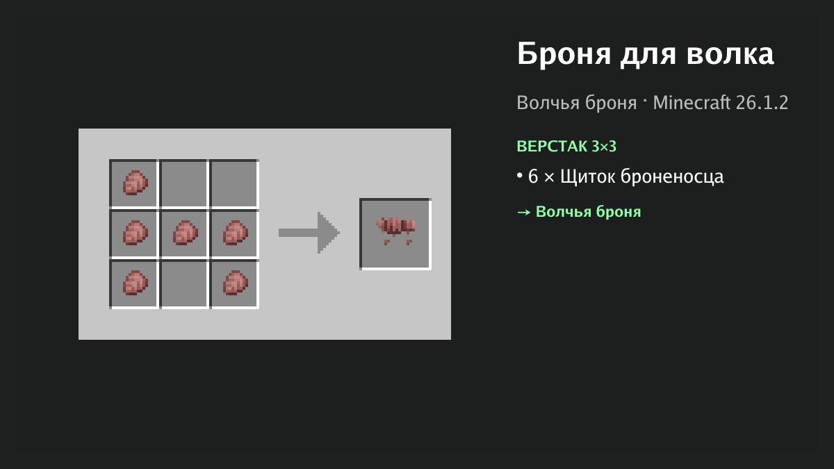 Рецепт: броня для волка в Minecraft — 6 × щиток броненосца (верстак 3×3)