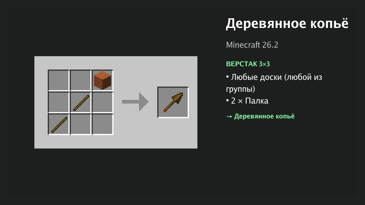 Рецепт: деревянное копьё в Minecraft — любые доски, 2 × палка (верстак 3×3)
