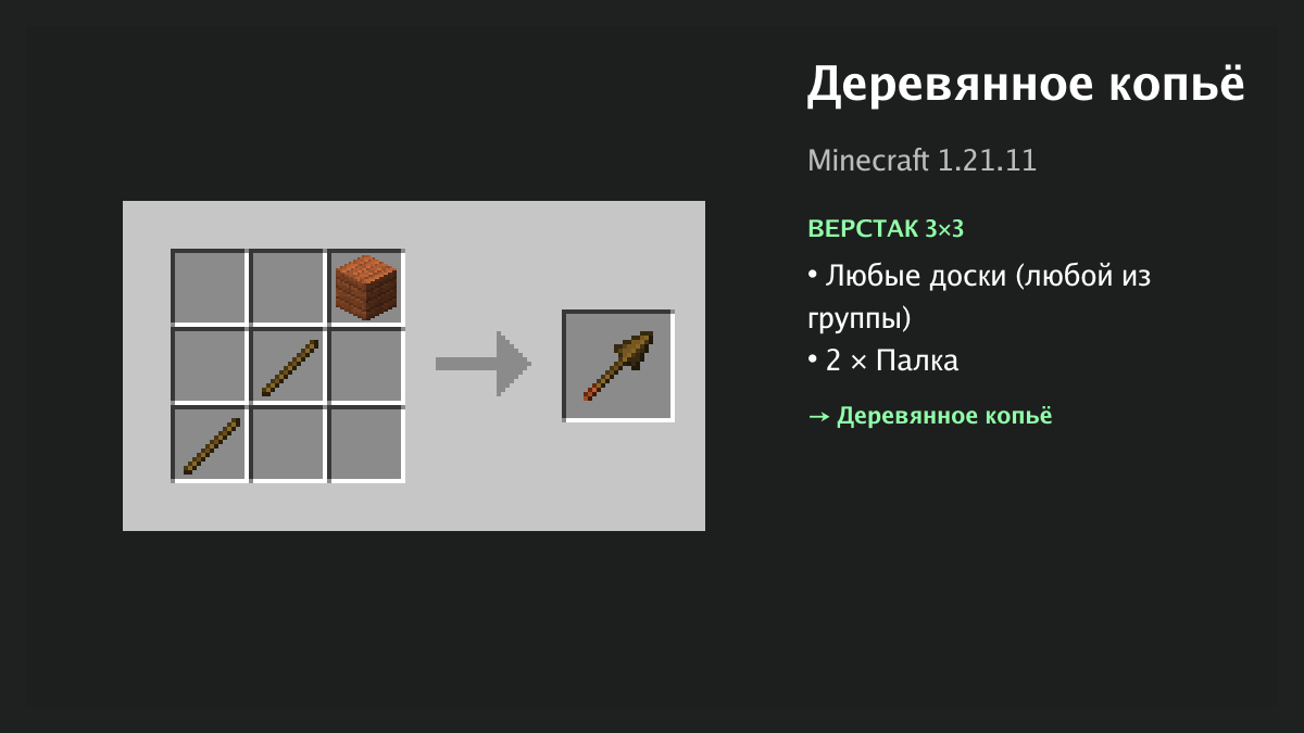 Рецепт: деревянное копьё в Minecraft — любые доски, 2 × палка (верстак 3×3)