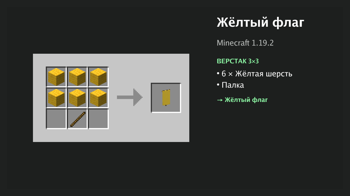 Рецепт: жёлтый флаг в Minecraft — 6 × жёлтая шерсть, палка (верстак 3×3)