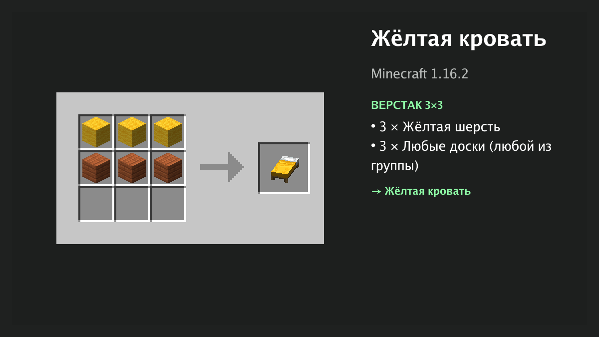 Рецепт: жёлтая кровать в Minecraft — 3 × жёлтая шерсть, 3 × любые доски (верстак 3×3)