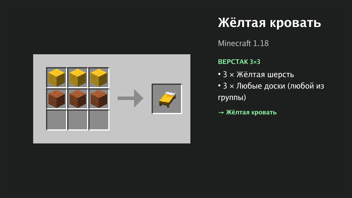 Рецепт: жёлтая кровать в Minecraft — 3 × жёлтая шерсть, 3 × любые доски (верстак 3×3)