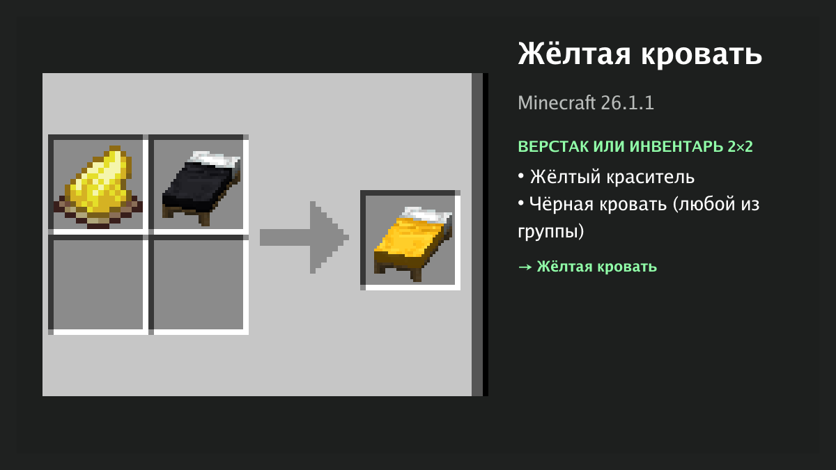 Рецепт: жёлтая кровать в Minecraft — жёлтый краситель, чёрная кровать (верстак или инвентарь 2×2)