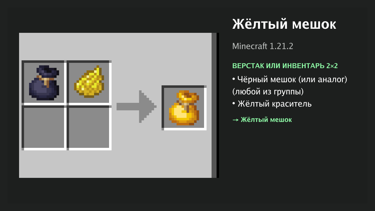 Рецепт: жёлтый мешок в Minecraft — чёрный мешок (или аналог), жёлтый краситель (верстак или инвентарь 2×2)