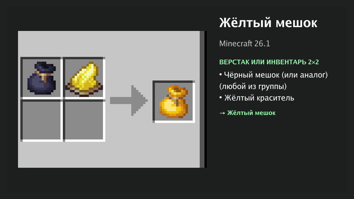 Рецепт: жёлтый мешок в Minecraft — чёрный мешок (или аналог), жёлтый краситель (верстак или инвентарь 2×2)
