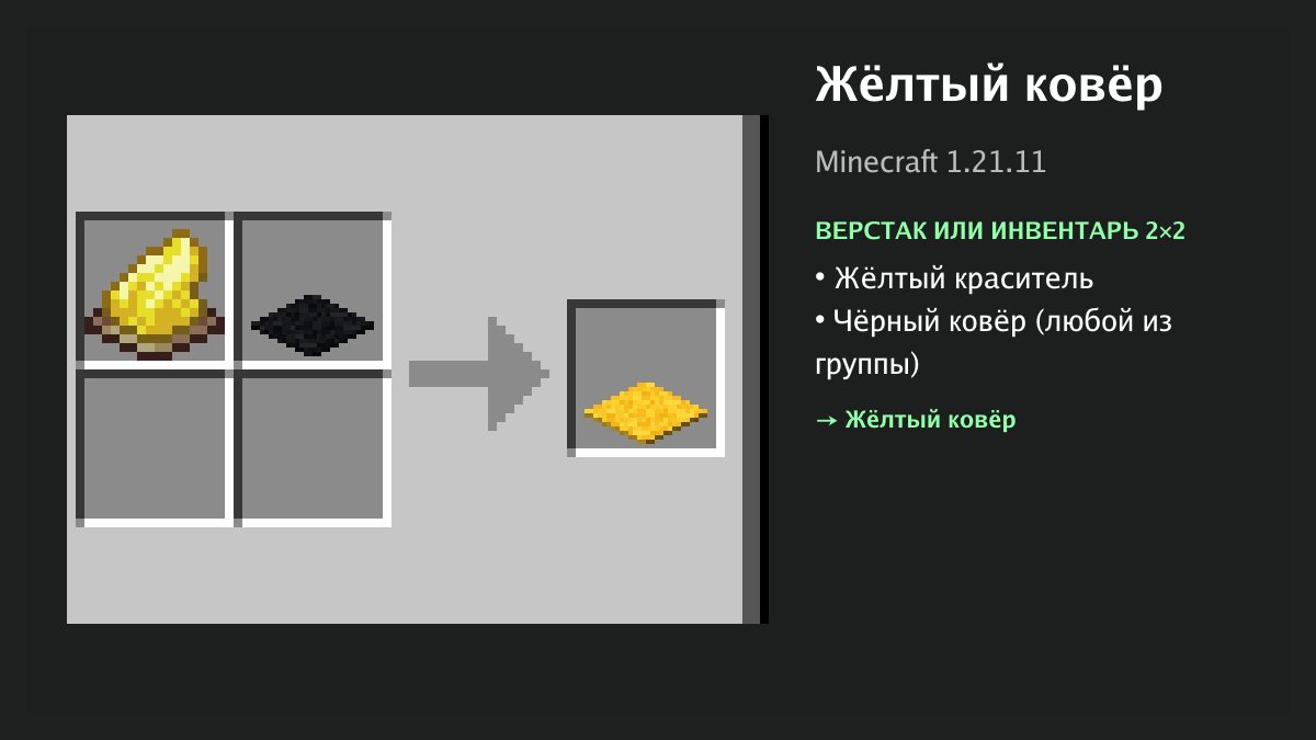 Рецепт: жёлтый ковёр в Minecraft — жёлтый краситель, чёрный ковёр (верстак или инвентарь 2×2)