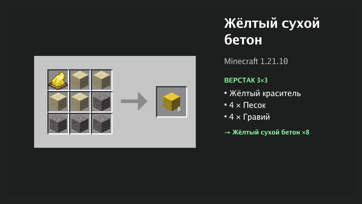 Рецепт: жёлтый сухой бетон в Minecraft — жёлтый краситель, 4 × песок, 4 × гравий (верстак 3×3)