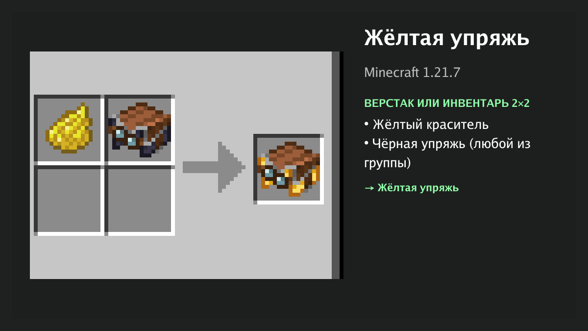Рецепт: жёлтая упряжь в Minecraft — жёлтый краситель, чёрная упряжь (верстак или инвентарь 2×2)