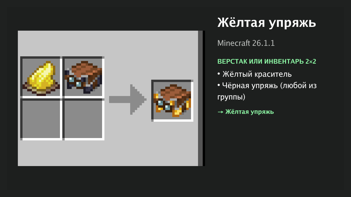 Рецепт: жёлтая упряжь в Minecraft — жёлтый краситель, чёрная упряжь (верстак или инвентарь 2×2)