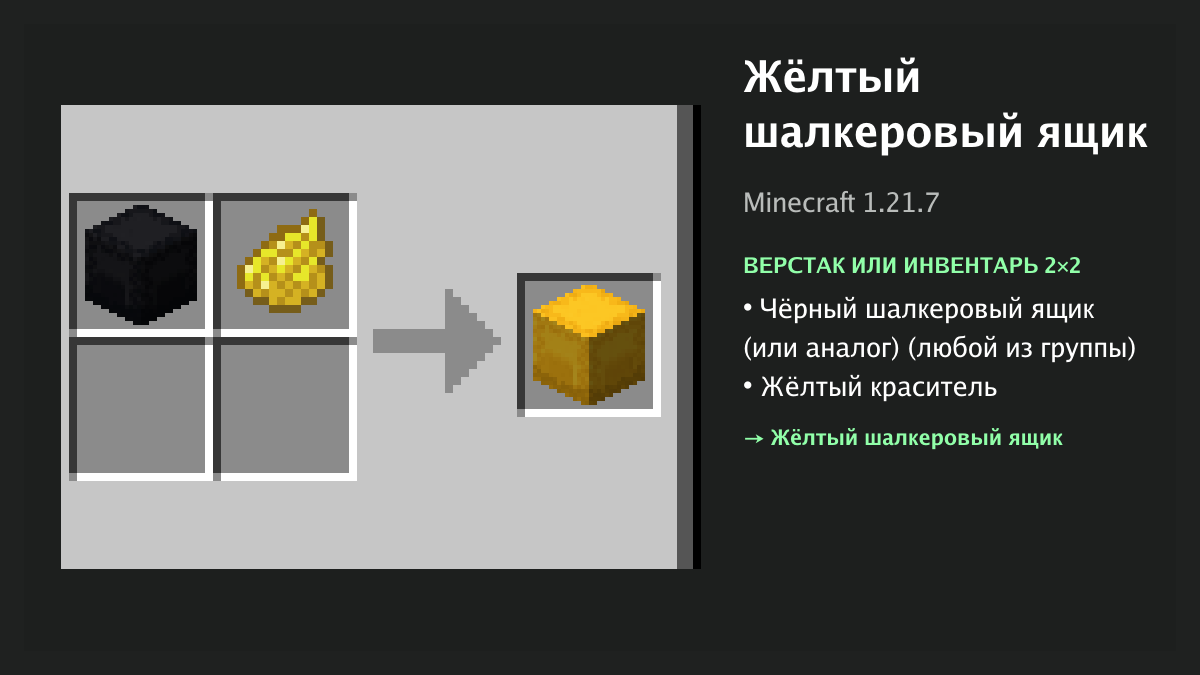 Рецепт: жёлтый шалкеровый ящик в Minecraft — чёрный шалкеровый ящик (или аналог), жёлтый краситель (верстак или инвентарь 2×2)