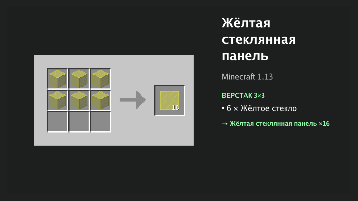 Рецепт: жёлтая стеклянная панель в Minecraft — 6 × жёлтое стекло (верстак 3×3)